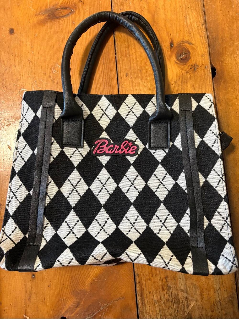 WORN Barbie Black & White Argyle Tote with Pink Logo